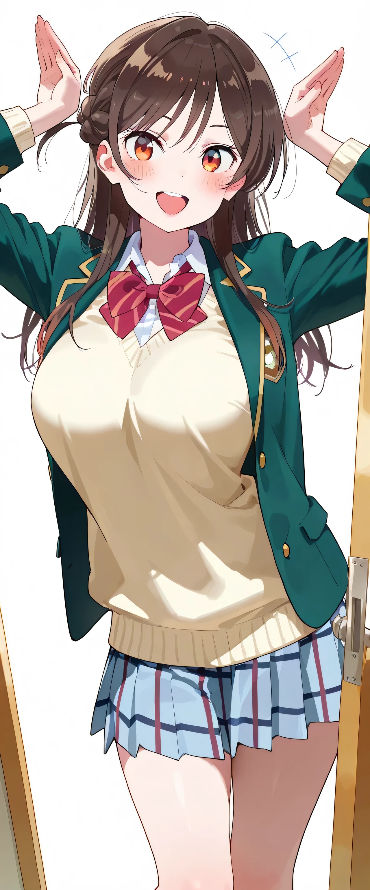 masterpiece, best quality, super detailed 8k, high resolution, 1 clean girl, any school friends, Chizuru Ichinose, Kanojookarishimasu, cool and cute girl, white skin, clean skin, slender, round body, ample bosom large breasts, waist length medium hair, dark brown hair, smooth hair, orange eyes, look at viewer, little, laugh, nsfw, ((she is wearing school uniform with long sweater which is out from skirt, blazer is outer), standing, cute pose, focus her, dutch angle