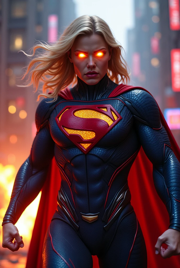 gloomy portrait of Zombie Supergirl from DC, extremely detailed, futuristic cityscape, nighttime, glowing neon lights, smoke, sparks, metal shavings, flying debris, blue energy effects, volumetric light