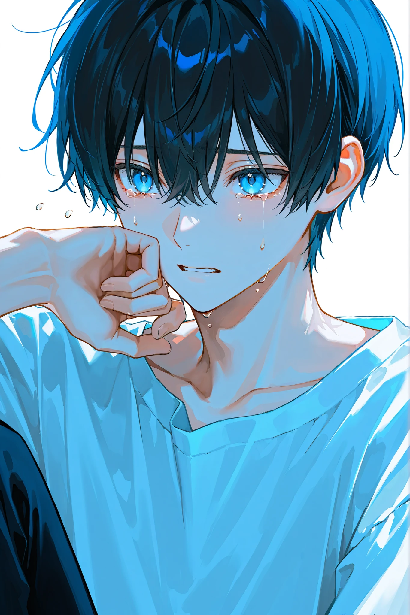 Male,Dark black hair,Bright Blue Eyes,Cry,Wipe away the tears,White Shirt,bright background,Teardrops