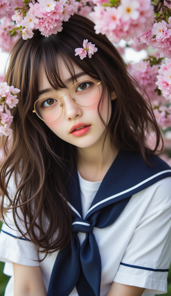 8k, masterpiece, Best Quality,   full body、 white skin, freckles,  Light Eyes, plump lips, gentle expression,  (bun hair, Thick black hair), (high resolution skin riding on a handrail:1.2), (Very Delicate Face, Very delicious, Very delicate dark eyes , very detailed nose, Extremely detailed mouth ), (The background is Tokyo Tower in the park at night:1.5))、(cherry tree:1.4)、cherry blossom trees in full bloom、girl sitting quietly on a park bench、(smile:1.4)、, high school girl, Navy blue sailor suit、loafers, pantyhose、