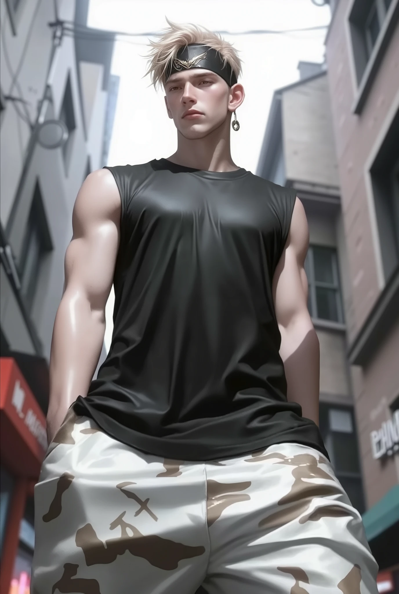 1male, blonde hair, black design headband, expressionless, undercut hair, golden eyes, baggy black tanktop, baggy white camouflage pants, city background, detailed background, hands to side, standing on path