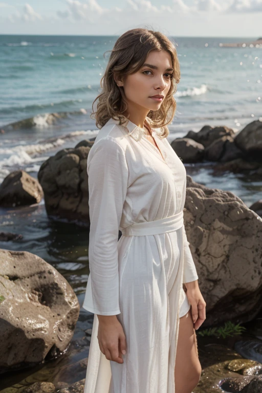 A woman standing in a fountain Rock River 
With details master piece in half white shirt 