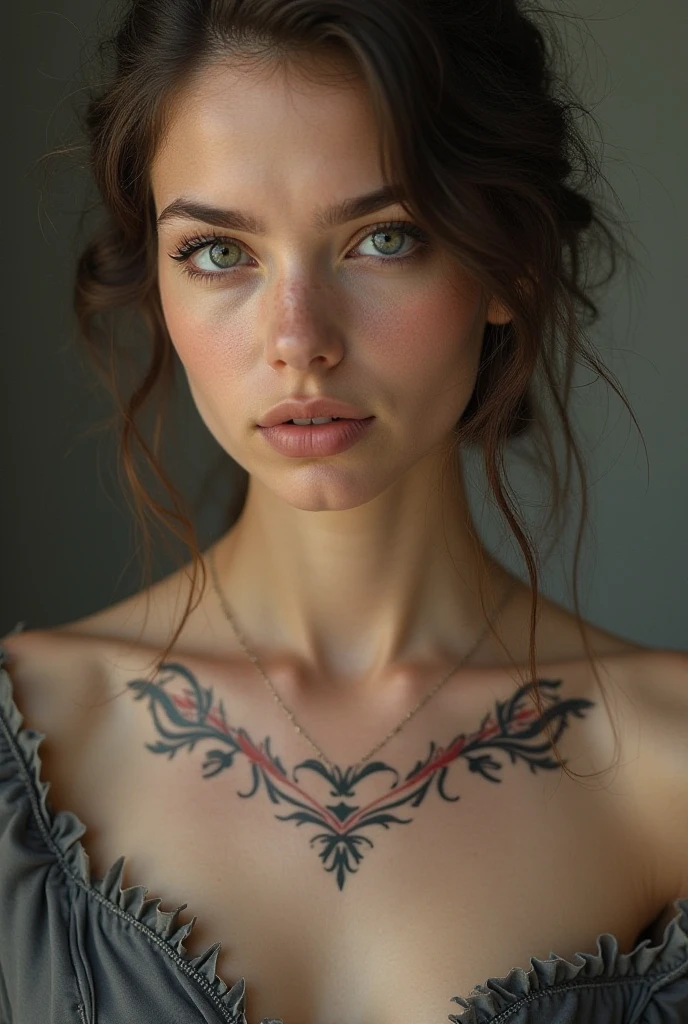 I want the image you generate to be of a girl with tattoos under her breasts, that tattoo should be a flower