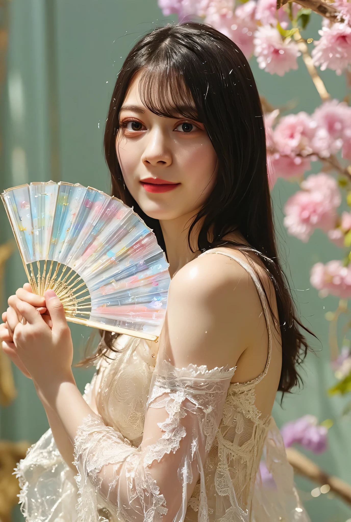 (((Spring Vast Prairie:2.0))),colorful light particles dance,(((Fantasy Atmosphere:2.0))),(((A fan that looks like a bouquet of flowers:2.0))),(((light yellow-green eyeshadow:2.0))),side view from the back,Side pose,((Looking back and looking at the camera:2.0)),((look back over my shoulder:2.0)),Rear View,(((full body:2.0))),one woman,(cute face:2.0),(Beautiful well-balanced face :2.0),((Long hair with bangs:2.0)),(Beautiful Eyes:1.3),20-year-old Japanese woman wearing bright red paint all over her head,Beautiful slender body,((model body type:2.0)),((slim body:1.7)),Perfect Body Line,Ideal Proportions,(big breasts:2.0),((スリーサイズ90-58-86:3.0)),((G Cup Breasts:2.0)), popup,Bare thighs,Sensual Thighs,delicate body,(succulent:1.5),((toned, beautiful butts:2.0)),((cute ass:2.0)), ((((bare ass :2.0)))),(((T-back:2.0))),natural posture,(Realistic breast depiction :1.5),carefully depicts limbs based on perfect anatomy,((golden super high-leg leotard:2.0)),((lace super high-leg leotard with integrated lace body:2.0)),((lace cloak adorned with colorful flowers with an open front over a leotard:2.0)),(pastel colored cloak with fine embroidery:2.0),(((corolla:2.0))),(pointed ears:1.3),((((light purple fishnet tights with a rough mesh:2.0)))),nipples made of flowers,CONCEPT ART,(Best Quality:1.5),(masterpiece:1.5),(超高resolution),resolution,UHD,(Delicate Description), carefully drawn with butterfly wings ,32k,((realistic skin texture that shows through the whole body:1.5)),(((super realistic:1.5))),carefully draw eyelashes,very detailed face,Highly detailed female hand,very sensual,(Blurry Dim Backgrounds :1.5),Professional Photography,(movie lights:2.0),((Lord of the Rings style lighting:2.0))
