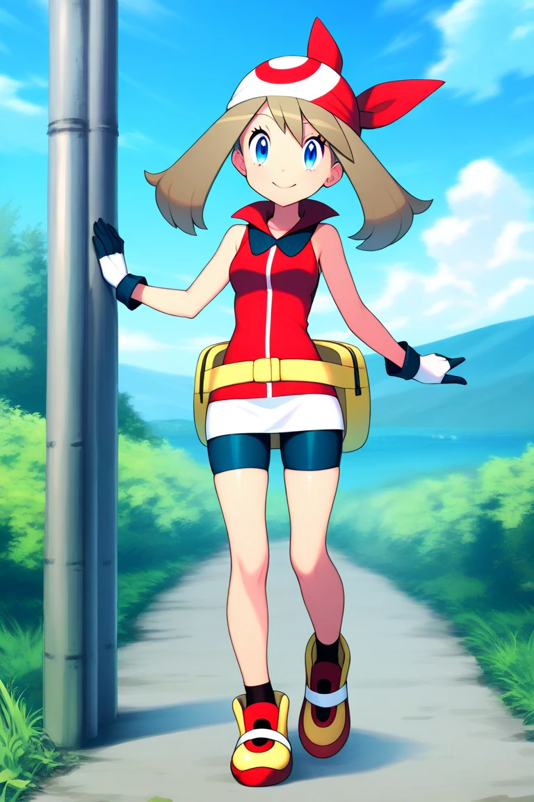 absurd, high resolution, Best Quality, masterpiece, Outdoors, girl, solo, May (Pokemon), smile, "Innocent"、 waist pack 、original work、2000 Style、Iono character