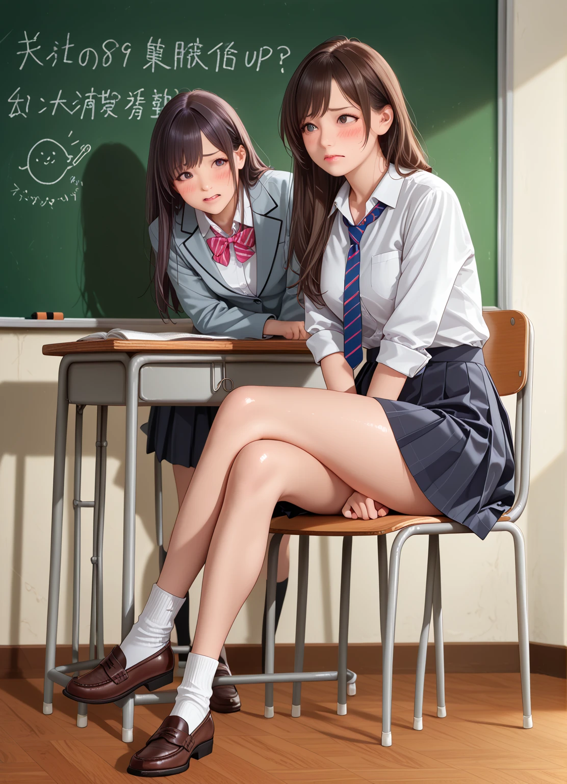 masterpiece, best quality, 2girls, (closeup), 18yo teen, slim, small breast, naked breast, nipple, open red coat, sitting, Inside the classroom, hugging, (sun rays:1.3), lode, smile, grey, desolate, dark, watercolor, (spread legs:1.3),
