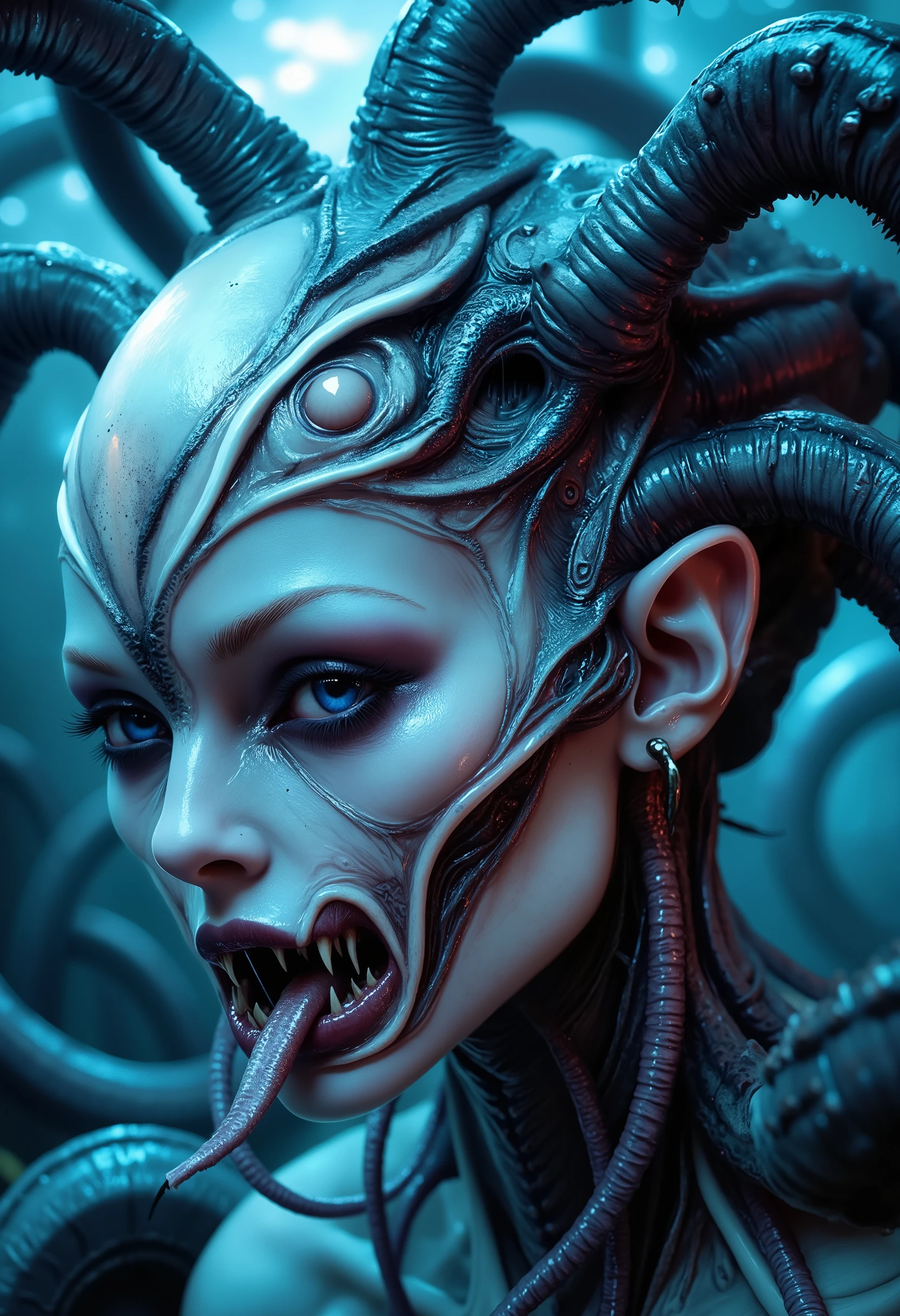(stuninng photo by professional photographer, Best Quality, 4K, 8k, High Resolution, Masterpiece: 1.2), (Super Detailed, realistic, photorealistic:1.37),(4 iridescent eyes:1.5), four eyes, scary and sexy detailed art in color, Portrait, (beautiful and obscene female alien:1.4), (vulgarity1.7), (Translucent white skin:1.4), (There is a female genital-like organ in the middle of the forehead:2.3), (The most beautiful face in the history of the universe:1.2), an evil gaze that seduces, (sharp vampire teeth :1.0), Full body portrait, (bio luminescent:1.2),(Lots of translucent tentacles:1.8) , Neon Colored, in the deep sea, dramatic pose, four eyes, no maleup, Eyes like snakes that are not human