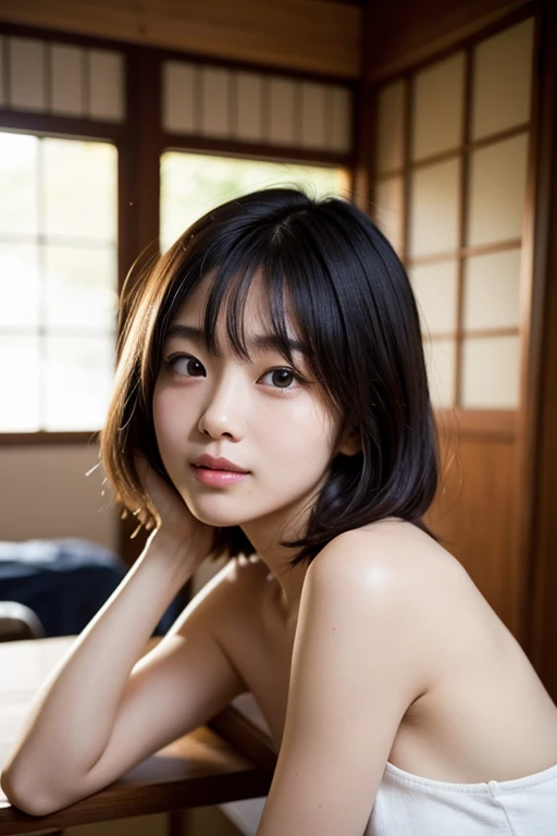 ((Best-quality, Masterpiece, Ultra-High-Resolution, (Photorealistic:1.4), Raw-Photo, Extremely-Details, Perfect-Anatomy)), 1girl, 15-years-old, the most popular Japanese idol, relaxing in KOTATSU, portrait, face focus, innocent smile, extremely cute face like a most famous Japanese idol, extremely beautiful big-black-solid-circle-eyes, extremely beautiful black-short-cut-hairedhair, extremely beautiful lips, extremely beautiful long-eyelashes, extremely beautiful and extremely realistic skins, detailed Japanese-KOTATSU