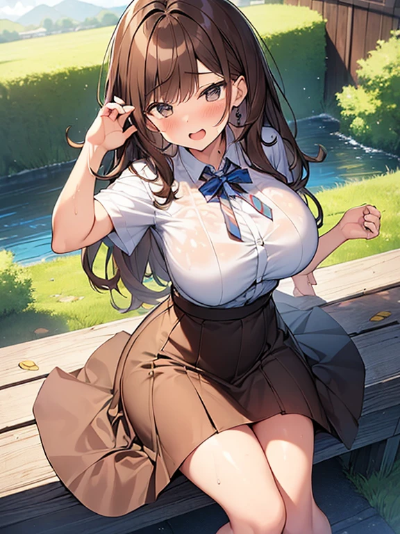 Masterpiece, Best Quality, Official Art, (Highly Detailed CG Unity 8k wallpaper), Detailed background, (Hands by Guido Daniele: 1.1), Feet out of frame, First Person View, 1, Attractive and perfect beautiful woman, Schoolgirl, JK, Schoolgirl uniform, rainy day, a lot of rain, Wind blowing, Sitting, Open legs, (Curvaceous), ( White thighs: 1.12), (brown long-haired (Ahoge: 1.13), (High Ponytail: 1.12), (Green Eyes: 1.13), Look at the Beholder, Big, (cleavage), Beautiful Face, (Blush: 1.11), (Smile: 1.11)