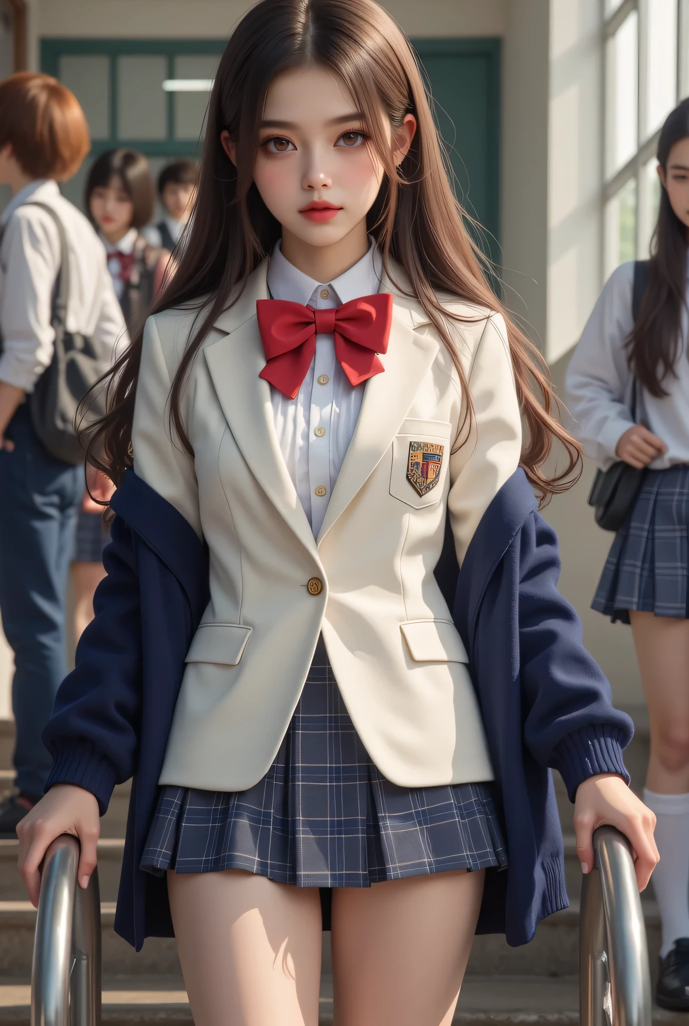 ultra fineCG Unity 8k壁紙、best image quality、ultra fine、masterpiece、real、写真real、ultra fine可愛い女の子、18 years old、(high school girl standing on school stairs)。 (High school students)、((Skirt Flip))、((flipping by myself))、low angle on frill、cover、Red lips、watching the viewer、(angle from below) body shot of lightning、(crowd)、(渋谷のcrowd)、(Japanese high school and designated shoes)、(white blazer、Emblem on her chest 1. 2)、(Plaid Mini Skirt:1.5)、(White shirt for students)、(red bow tie:1. 2)、(light brown casual fur)、(carmel two)、(Black Loafers:1.5)、(beautifulface:1.3)、(perfect proportions:1.2)、(Long front legs:1.2)、(beautiful:1. 3)、((looks like panties can be seen from under the skirt))、((textured skin))、((pink Japanese high school panties visible))、((wet hair、wet skin))、sexy。 Emoji、 navy blue cardigan、(holding down her soaring skirt with her hands)、 flirting、face、(skirt left)、(wet hair、wet skin)、Yuco 、Cloudy、winter、(BAPV)