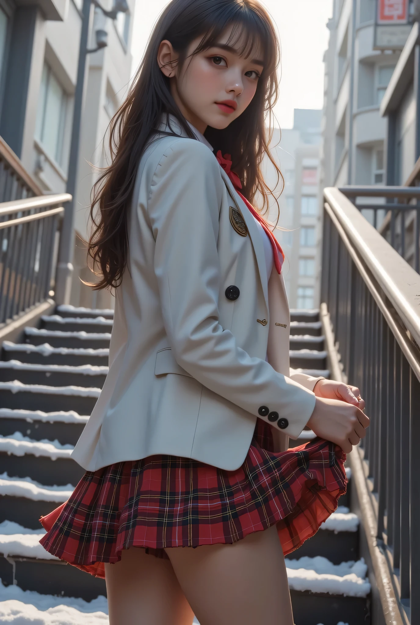 ultra fineCG Unity 8k壁紙、best image quality、ultra fine、masterpiece、real、写真real、ultra fine可愛い女の子、18 years old、(high school girl standing on school stairs)。 ((Rear view)),((looking back at the drugstore)),(笑faceの高校生)、((skirt flip))、((flipping by myself))、low angle on frill、cover、Red lips、watching the viewer、((low angle on frill)) body shot of lightning、(crowd)、(渋谷のcrowd)、(Japanese high school and designated shoes)、(white blazer、Emblem on her chest 1. 2)、(Plaid Mini Skirt:1.5)、(White shirt for students)、(red bow tie:1. 2）、（light brown casual fur）、（carmel two）、（Black Loafers：1.5）、（beautifulface：1.3）、（perfect proportions：1.2）、（Long front legs：1.2）、（beautiful：1. 3)、((looks like panties can be seen from under the skirt))、((textured skin))、((pink Japanese high school panties visible))、((wet hair、wet skin))、sexy。 Emoji、 navy blue cardigan、(holding down her soaring skirt with her hands)、 flirting、face、(skirt left)、（wet hair、wet skin）、Yuco 、Cloudy、winter、（BAPV)