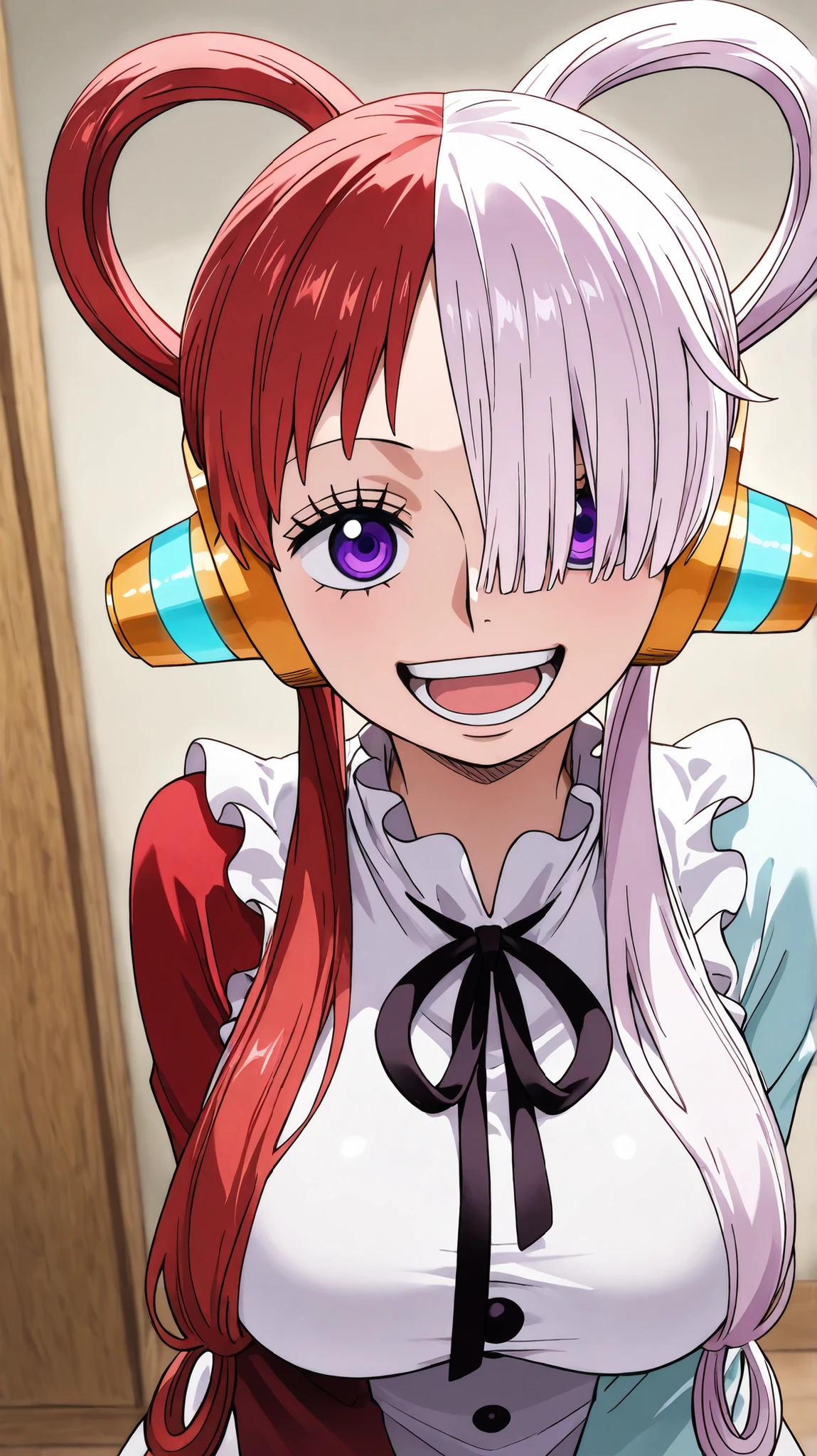 uta,one piece,
High quality , best quality , masterpiece, High Resolution , detailed face( LoRA: uta),anatomically correct, detailed hair Style( LoRA: uta),anime Coloring
solo, 1 girl,
headphones,multicolored hair,two-tone hair,white hair,split-color hair,hair rings,long hair,hair over one eye, purple eyes, ribbon,large breasts
white dress, frills, neck ribbon, single sleeve, long sleeve,
looking at viewer ,close up,upper body,
, Japanese-style room
, smile,open mouth