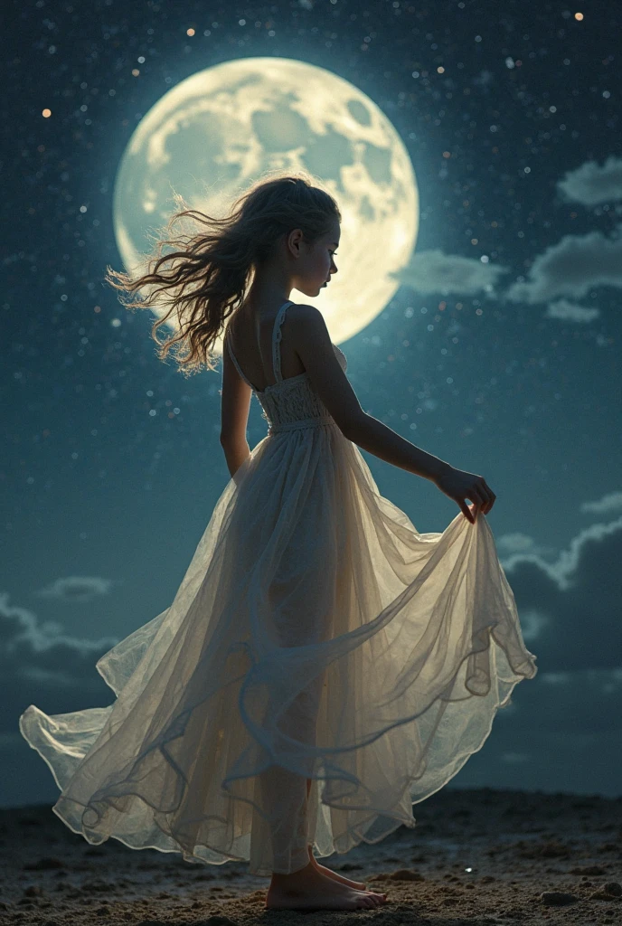 Imagine Laura in a night setting with the crescent moon in the background.. Laura may be in an open field, with the full or crescent moon large and bright in the sky above her. The soft glow of the moon illuminates Laura, highlighting her in a tranquil setting.She may be wearing flowing clothes that reflect the silvery light of the moon, and her hair may be flowing in the wind. Add some stars in the sky for a magical touch.