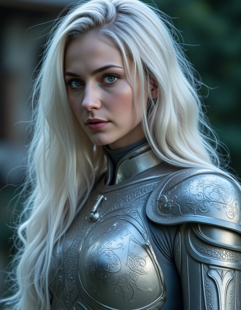 Lady Seraphina Everglade is the esteemed daughter of the Marquise, known throughout the realm for her unparalleled elegance and beauty. Her long, silky snow-white hair cascades like a waterfall, framing her delicate face, where her enchanting amethyst doe eyes sparkle with wisdom and grace. Standing at a petit height, she might appear fragile, but this knight captain's aura of strength and dignity commands respect on and off the battlefield. Clad in gleaming armor that accentuates her noble heritage, she embodies the perfect blend of a knight's valor and a lady's refinement.