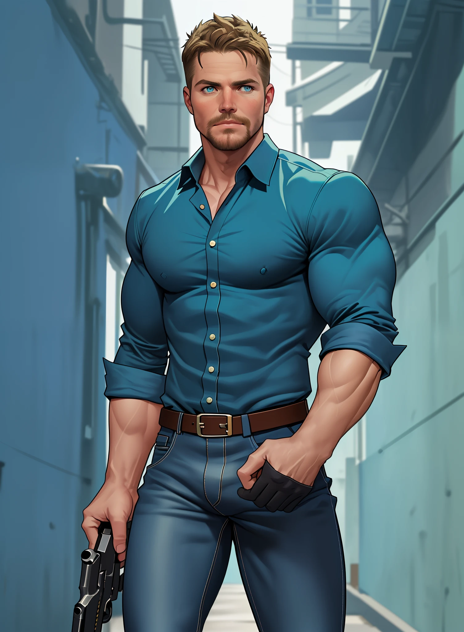 1 man, male focus solo,45 yo man,Stephen AMELL as private investigator, lean muscle, open blue shirt, marine blue jeans with brown belt ,( big bulge), full body shot, dark blond short hair, well groomed facial hair, holding a gun with one hand, , ultra high quality, masterpiece, ( ever changing background, blue and white and green arabesques lines in the blackground)