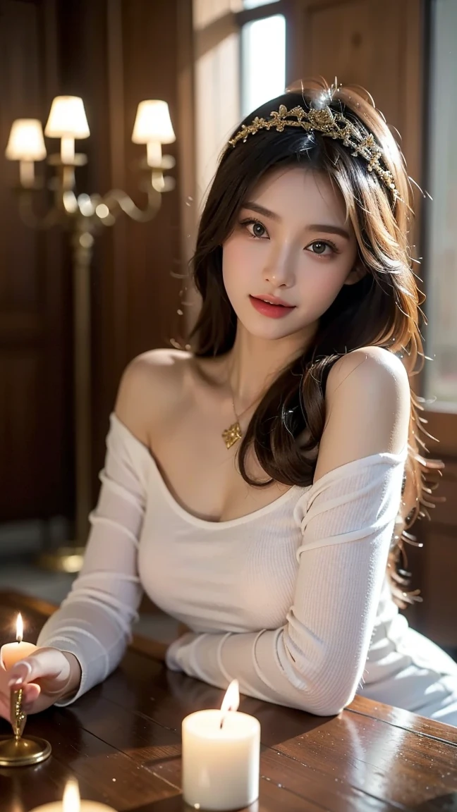 (highest quality,4k,8k,High resolution,table top:1.2),Super detailed,(realistic,realistic,Photoreal:1.37),Beautiful expressive eyes,length eyelashes,thick and beautiful lips,hair and face details,friendly smile,Clean and perfect skin,(very big breasts, big breasts, extra large ),length,(earrings, lace choker, stylish dark red nightdress),Bright interior,
