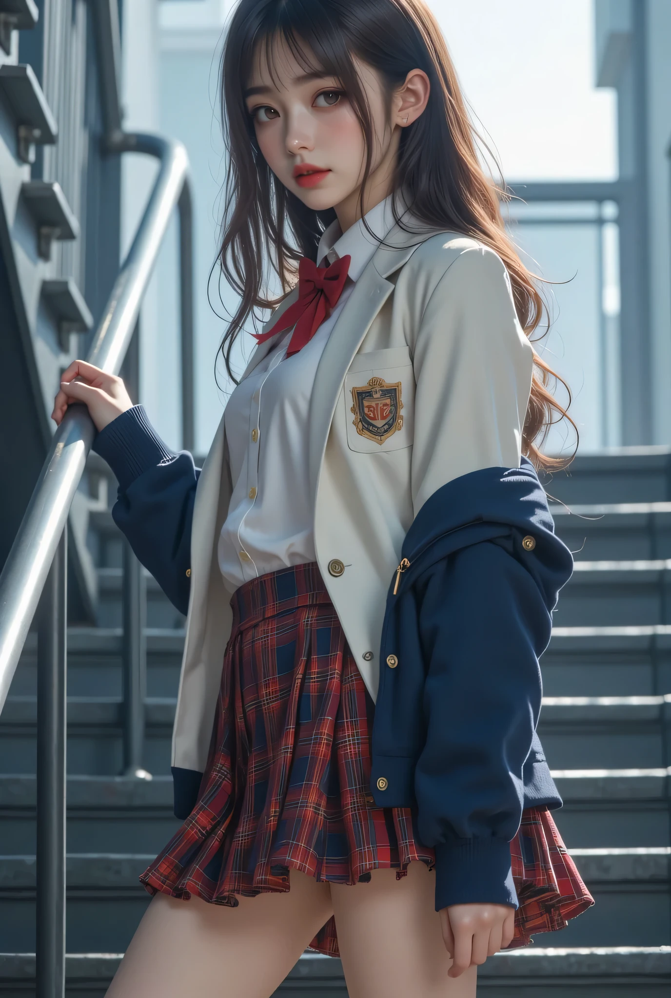 ultra fineCG Unity 8k壁紙、best image quality、ultra fine、masterpiece、real、写真real、ultra fine可愛い女の子、18 years old、(high school girl standing on school stairs)。 ((Rear view)),((looking back at the drugstore)),(笑faceの高校生)、((skirt flip))、((flipping by myself))、low angle on frill、cover、Red lips、watching the viewer、((low angle on frill)) body shot of lightning、(crowd)、(渋谷のcrowd)、(Japanese high school and designated shoes)、(white blazer、Emblem on her chest 1. 2)、(Plaid Mini Skirt:1.5)、(White shirt for students)、(red bow tie:1. 2）、（light brown casual fur）、（carmel two）、（Black Loafers：1.5）、（beautifulface：1.3）、（perfect proportions：1.2）、（Long front legs：1.2）、（beautiful：1. 3)、((looks like panties can be seen from under the skirt))、((textured skin))、((pink Japanese high school panties visible))、((wet hair、wet skin))、sexy。 Emoji、 navy blue cardigan、(holding down her soaring skirt with her hands)、 flirting、face、(skirt left)、（wet hair、wet skin）、Yuco 、Cloudy、winter、（BAPV)