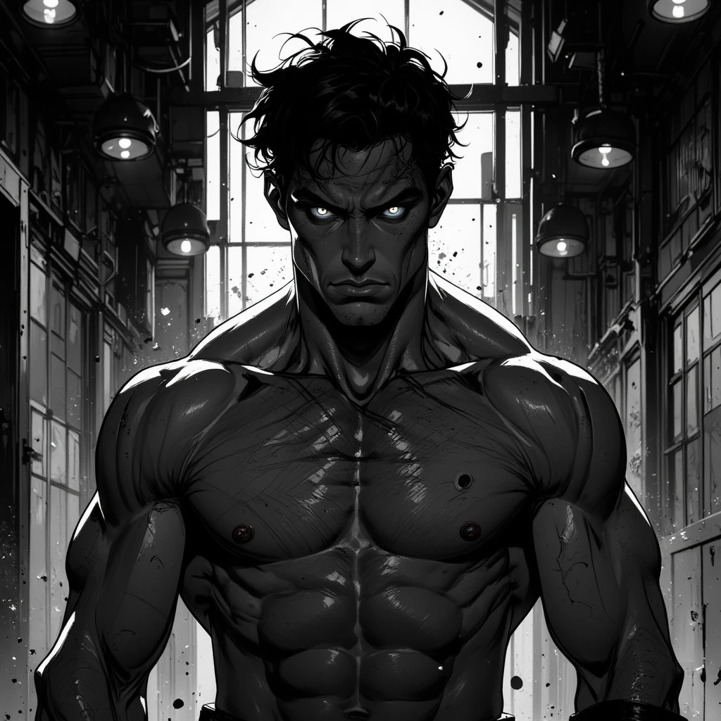 Sad muscular man. Black and white. Anime 