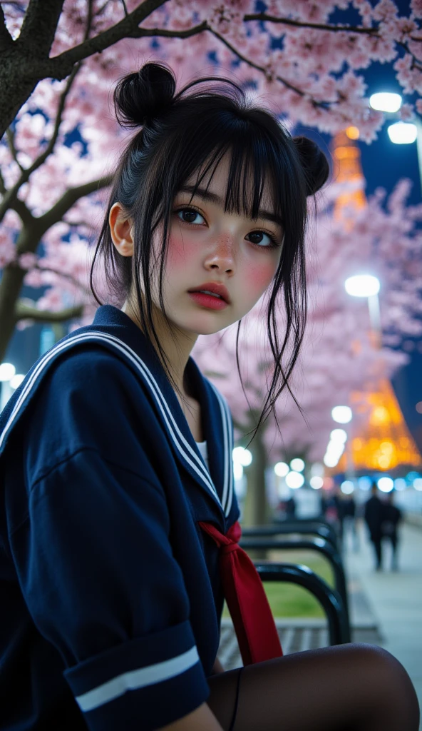 8k, masterpiece, Best Quality,   full body、 white skin, freckles,  Light Eyes, plump lips, gentle expression,  (bun hair, Thick black hair), (high resolution skin riding on a handrail:1.2), (Very Delicate Face, Very delicious, Very delicate dark eyes , very detailed nose, Extremely detailed mouth ), (The background is Tokyo Tower in the park at night:1.5))、(cherry tree:1.4)、cherry blossom trees in full bloom、girl sitting quietly on a park bench、(smile:1.4)、, high school girl, Navy blue sailor suit、loafers, pantyhose、