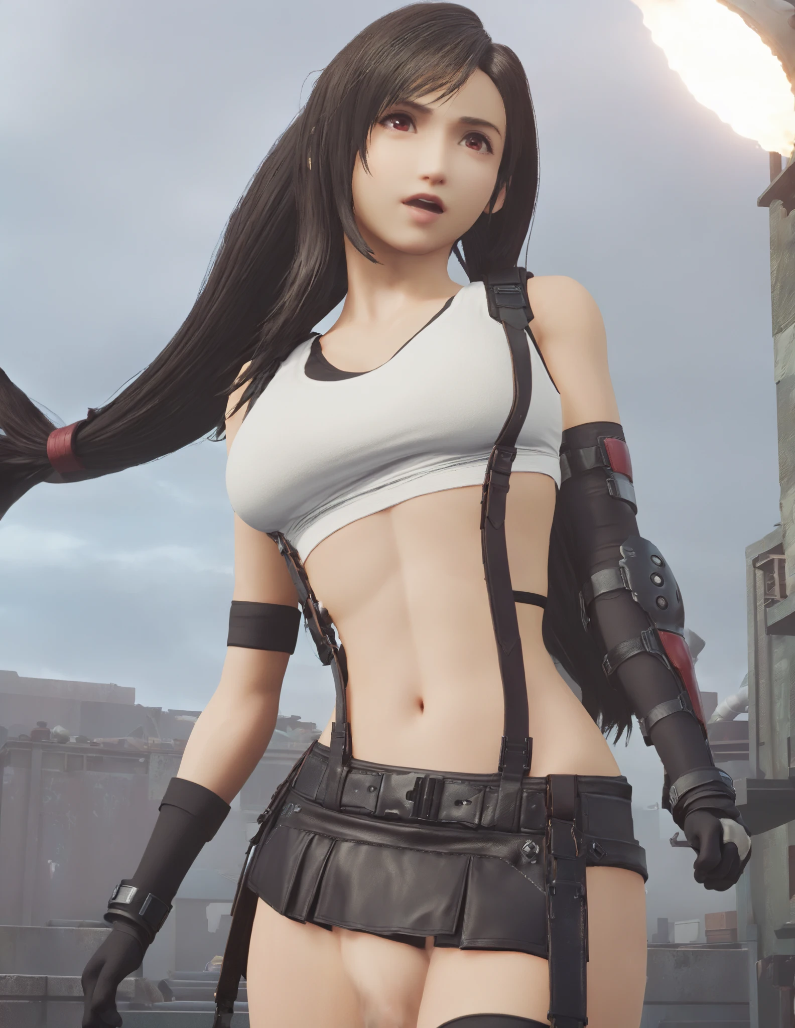 (Photorealistic: 1.4), top quality, very delicate and beautiful, high resolution, 1girl, tifa_lockhart, smile, cowboy shot, suspenders, low rise, mini skirt, tank top, tense shirt, black hair, long hair, elbow gloves, beautiful detailed red eyes, face light, movie lighting, navel, high exposure, abdomen exposure, ribs, abs, ( gigantic breasts: 1.2), dynamic poses,
