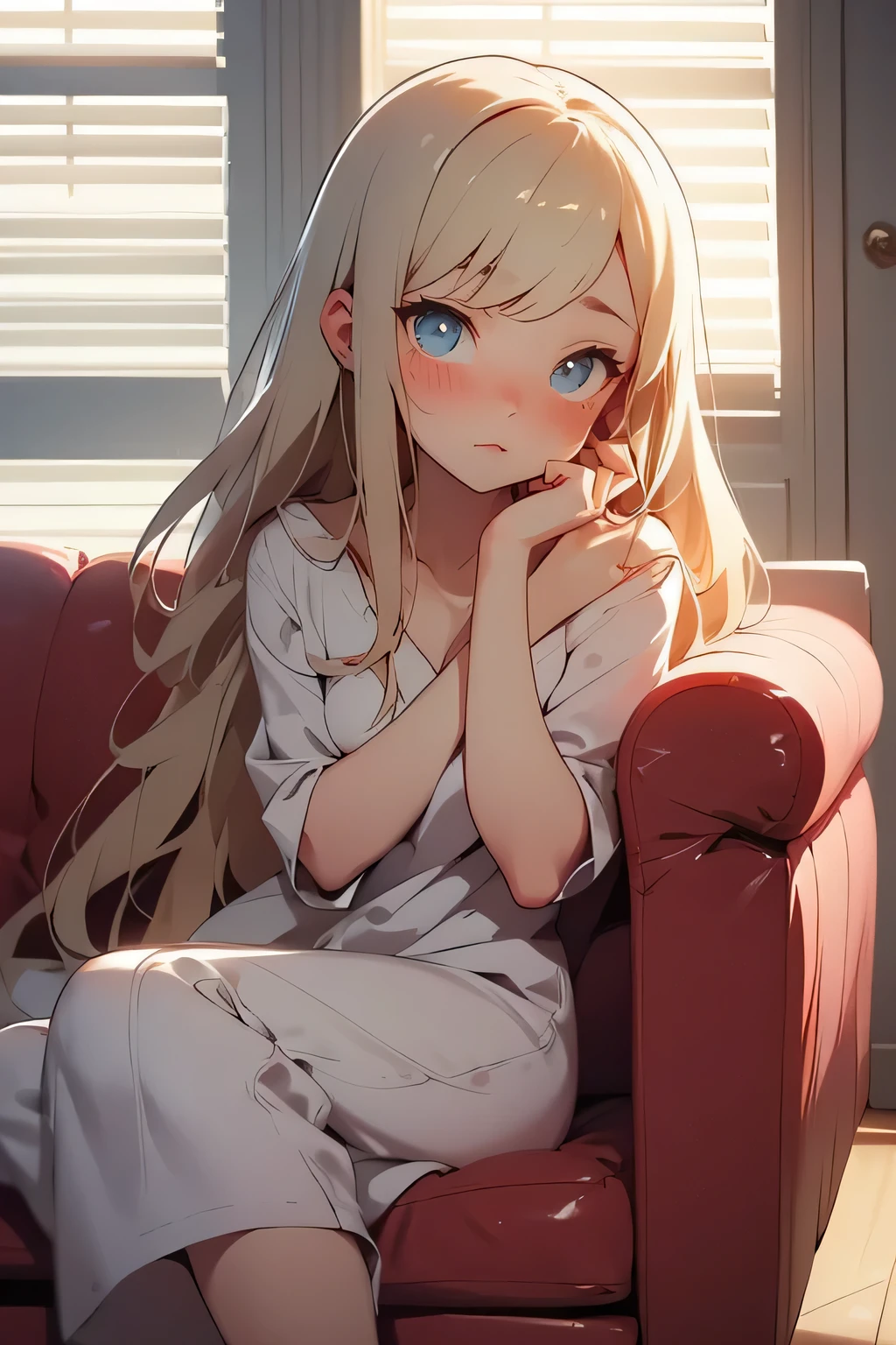 A cozy moment in a living room, a girl accidentally falling sideways on a sofa, leaning slightly toward the viewer, wide eyes meeting yours, time feels frozen, soft cushion creases, afternoon light through blinds, blush spreading across cheeks, hand supporting her balance, vulnerable yet charming, anime-style, gentle dreamy glow