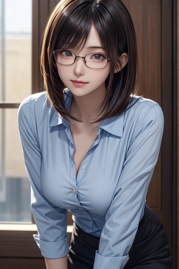 Looking into the camera,high school girl,Leaning forward,(Random cute uniforms),(Random erotic poses),(Thin type),(Very large breasts),(Big Breasts)(Accentuate your cleavage)(Voluptuous body)(Black Short Hair)(Pixie Cut),(Best image quality, (8k), Ultra-realistic, 最high quality, high quality, High resolution, high qualityの質感, Attention to detail, Beautiful details, Fine details, Extremely detailed CG, Detailed Texture, Realistic facial expressions, masterpiece, in front),(Wearing glasses:1.1)