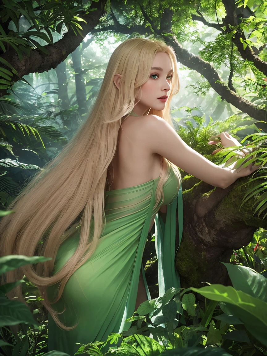 Detailed clear elaborated features close up, Realistic Female with green eyes, slim hourglass body with big breasts exposing cleavage, long legs, long blonde hair, wearing thinl silk multi flare dress, wearing high heels. Near a pond full of flowers