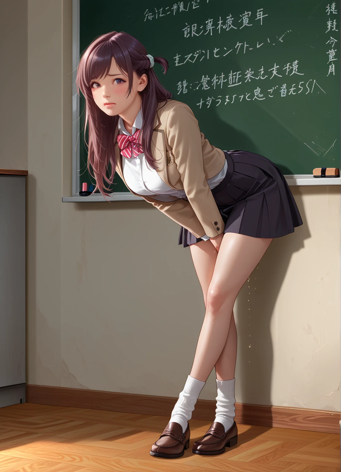 debris flieasterpiece、highest quality、Super detailed、High resolution、High resolution、8K portrait、Unity 8k壁紙のHigh resolutionCG、unity 8k wallpaper、cute:1.5、:1.5、Highly detailed CG unity 8k wallpaper、realistic、real person、cute、 portrait photography、shiny skin、High resolution、brown semi-long hair、(16 years old:1.2)、(1 girl)、(classroom:1.6)、(school uniform),perfect face, seriously, (blush:1.5),(((clothing lift:1.5))), (medium breasts:0.8), Detailed description vagina,show vagina,spread legs,spread ,((vaginal orgasm:1.5))