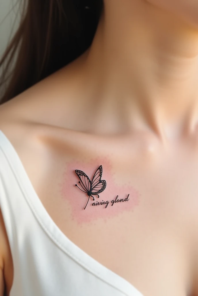 Create a tattoo on a woman's chest with open devil wings camouflaged in black angel wings, with golden cracks, with moons and stars hanging and with the word love yourself in English
