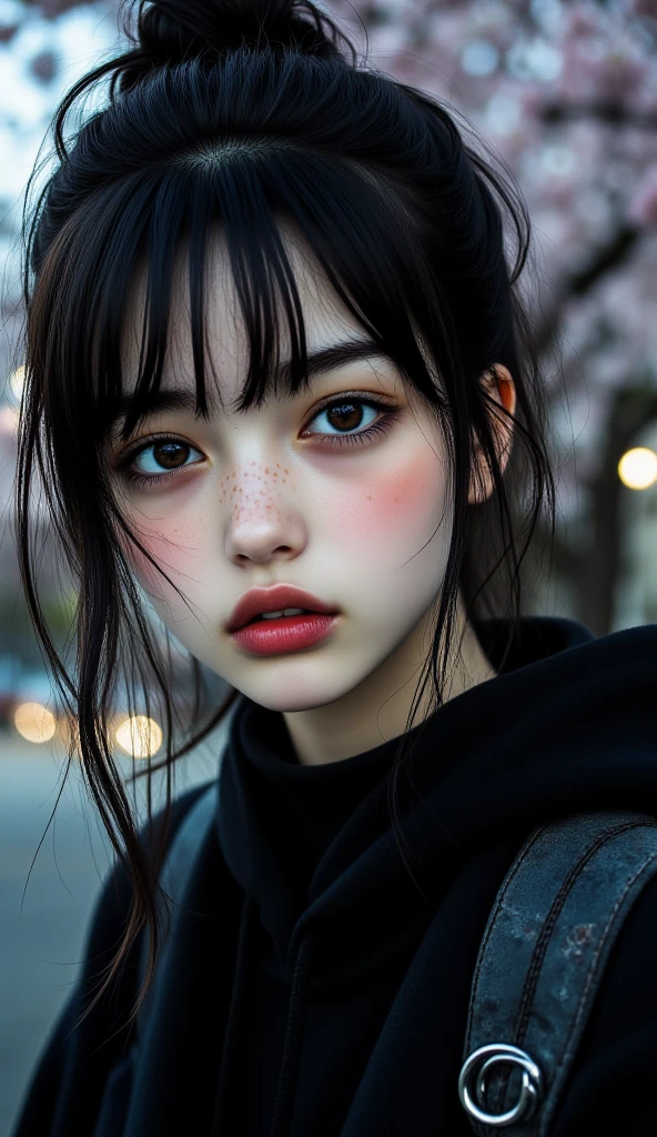 8k, masterpiece, Best Quality,   full body、 white skin, freckles,  Light Eyes, plump lips, gentle expression,  (bun hair, Thick black hair), (high resolution skin riding on a handrail:1.2), (Very Delicate Face, Very delicious, Very delicate dark eyes , very detailed nose, Extremely detailed mouth ), (The background is Tokyo Tower in the park at night:1.5))、(cherry tree:1.4)、cherry blossom trees in full bloom、girl sitting quietly on a park bench、(smile:1.4)、, high school girl, Navy blue sailor suit、loafers, pantyhose、
