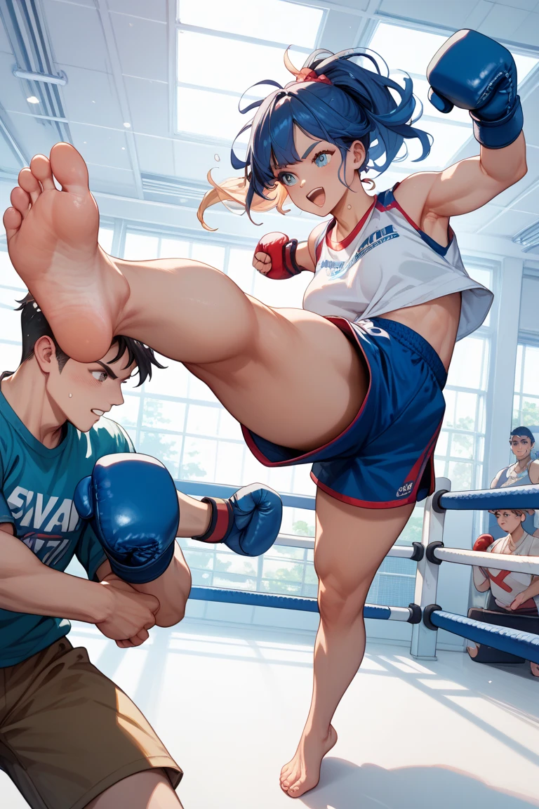 Wriothesley, heizou, genshin impact,
((zPDXL)), score_9_up, score_8_up, score_7_up, score_6_up, score_5_up, score_4_up, best quality, amazing quality, best aesthetic, absurdres, year2023, sfw, game cg,
dojo, tatami, karate gi, black belt, serious face, sweats, looking at viewer, bare feet, foot wrinkles ,soles, dirty feet, , (red boxing gloves) , no shirts, muscular, Get into a punching position., ((wriothesley is sitting on heizou's body)), heizou is under wriothesley , Protruding penis, emphasized penis