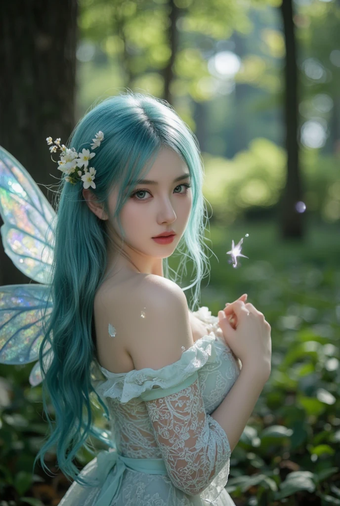 Young fairy in a swirl of falling fuchsia flowers and leaves. butterfly-like wings. She wore a multi-layered ruffled dress in light pink transparent fabric,It has silver decorations on it. Long blue-green messy wavy hair, Floral headdress. She is merging from the swirl of colorful flowers and leaves,These flowers and leaves differ in shape and hue,The shade of green varies。. Magical flower forest as background, Clear day, Sunny, rays of light filtering through the trees. Photorealistic.