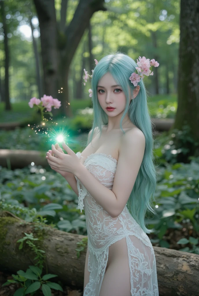 Graceful elven girl standing in meadow, Delicate face illuminated by the soft light of the setting sun. Her long, Flowing hair runs down your back, Decorated with intricate braids、Adorned with sparkling gemstones. This great photo is、、、It captures the ethereal beauty of elves. Slender figure in silk dress、Swaying in the soft steppe breeze. Attention to detail、Face that is、Face that is、Face that is、Face that is、It is evident in the intricate patterns of the dress and the subtle highlights of the luminescence. skin. The breathtaking portrayal of the elven girl is、、、、、Create an enchanting atmosphere、It invites the viewer to a magical world. emerald green hair color,