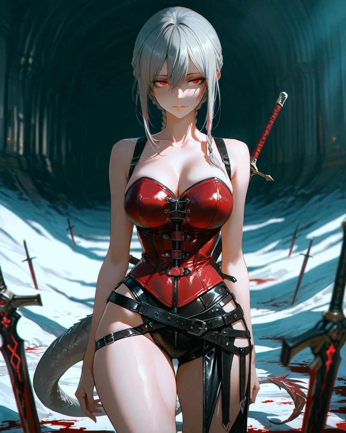 (lifelike, high - resolution:1.3), 1 girl with a perfect body,slender body, Super fine face and eyes,assasin, dark makeup, shiny skin,white hair, (girl caught in a sex machine),Expose cleavage, (sex machine, restrained, bound, bdsm, object insertion, smachine) (wet skin, shiny skin)
