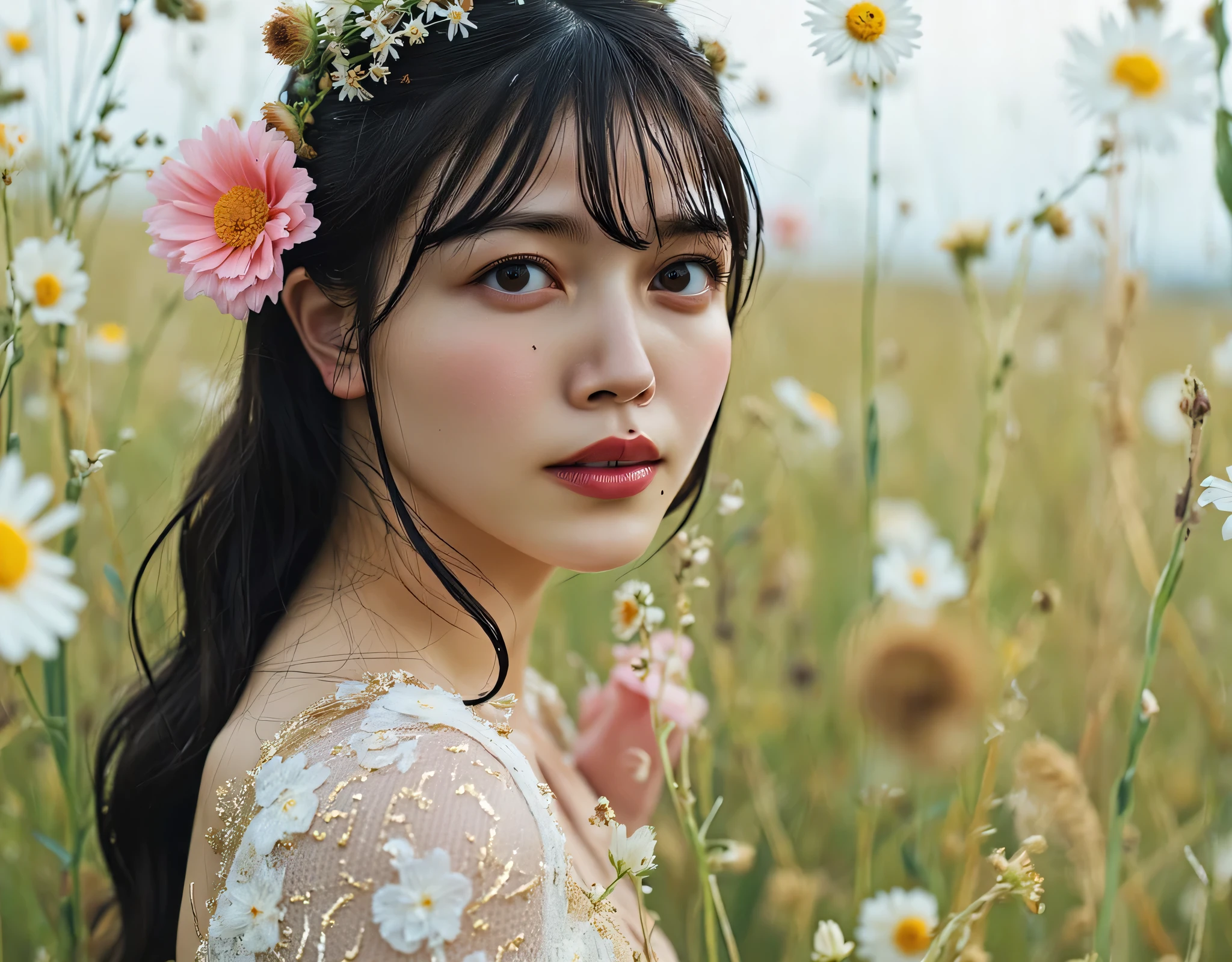 (((a vast prairie in the middle of the spring:2.0))),((Starry sky with constellations:2.0)),,(((Fantasy Atmosphere:2.0))),(((A flower sandwiched between the buttocks:2.0))),(((light yellow-green eyeshadow:2.0))),side view from the back,Side pose,((Looking back and looking at the camera:2.0)),((look back over my shoulder:2.0)),Rear View,(((full body:2.0))),one woman,(cute face:2.0),(Beautiful well-balanced face :2.0),((Long hair with bangs:2.0)),(Beautiful Eyes:1.3),20-year-old Japanese woman wearing bright red paint all over her head,Beautiful slender body,((model body type:2.0)),((slim body:1.7)),Perfect Body Line,Ideal Proportions,(big breasts:2.0),((スリーサイズ90-58-86:3.0)),((G Cup Breasts:2.0)), popup,Bare thighs,Sensual Thighs,delicate body,(succulent:1.5),((toned, beautiful butts:2.0)),((cute ass:2.0)), ((((bare ass :2.0)))),(((T-back:2.0))),natural posture,(Realistic breast depiction :1.5),carefully depicting limbs based on perfect anatomy,((Elf King Style Golden Super Hi-leg Leotard:2.0)),((gold super high-leg leotard made of lace integrated with the body:2.0)),((lace cloak adorned with colorful flowers with an open front over a leotard:2.0)),(pastel colored cloak with fine embroidery:2.0),(((corolla:2.0))),(pointed ears:1.3),((((light purple fishnet tights with a rough mesh:2.0)))),nipples made of flowers,CONCEPT ART,(Best Quality:1.5),(masterpiece:1.5),(超高resolution),resolution,UHD,(Delicate Description), carefully drawn with butterfly wings ,32k,((realistic skin texture that shows through the whole body:1.5)),(((super realistic:1.5))),carefully draw eyelashes,very detailed face,Highly detailed female hand,very sensual,(Blurry Dim Backgrounds :1.5),Professional Photography,(movie lights:2.0),((Lord of the Rings style lighting:2.0))