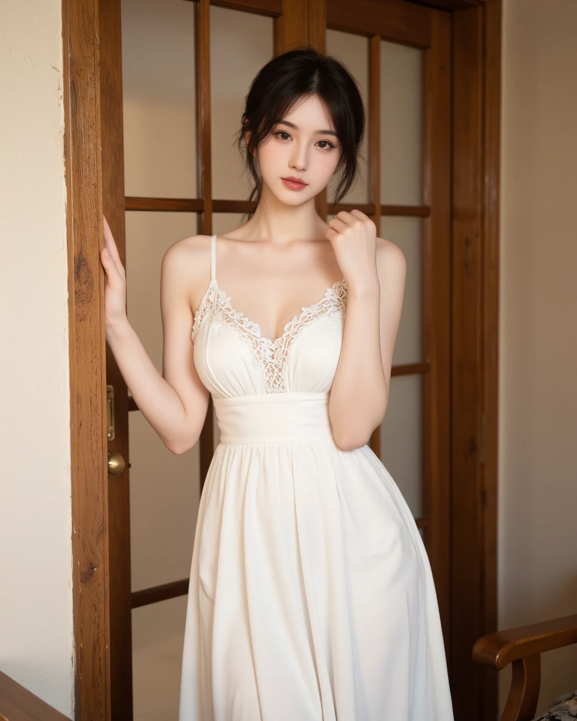 Beautiful 25 year old tall and slender woman。perfect legs. perfect face. She is fashion model. She is staying in the old classic church. She is wearing a wedding dress that a leg is visible. She is illuminated by sunset light. the evening church lights is on . her dark brawn hair. High resolution、masterpiece、highest quality、頭w:1.0、((Hasselblad Photos))、fine skin、(movie lighting)、clavicle . full body picture.