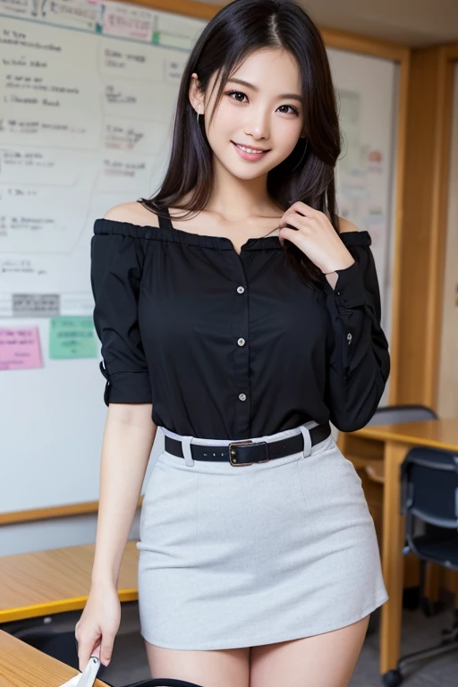 High resolution, High-level image quality, High definition, masterpiece, 8k, Anatomically correct, Professional Lighting, sharp, White Photo, ((Japanese Mature, 90 years old, Old beautiful female teacher)), One person, Sagging cheeks,  Dull facial skin, Shapely large breasts, Volumizing straight long light brown hair parted to the right, Chubby body type, ((School classroom, Standing upright, holding the attendance book and looking at the viewer)), (((A thin, black, short-sleeved, see-through camisole with summer lace tucked into a skirt, A thin white long flared skirt))), A composition that shows what&#39;s under a skirt from the feet up