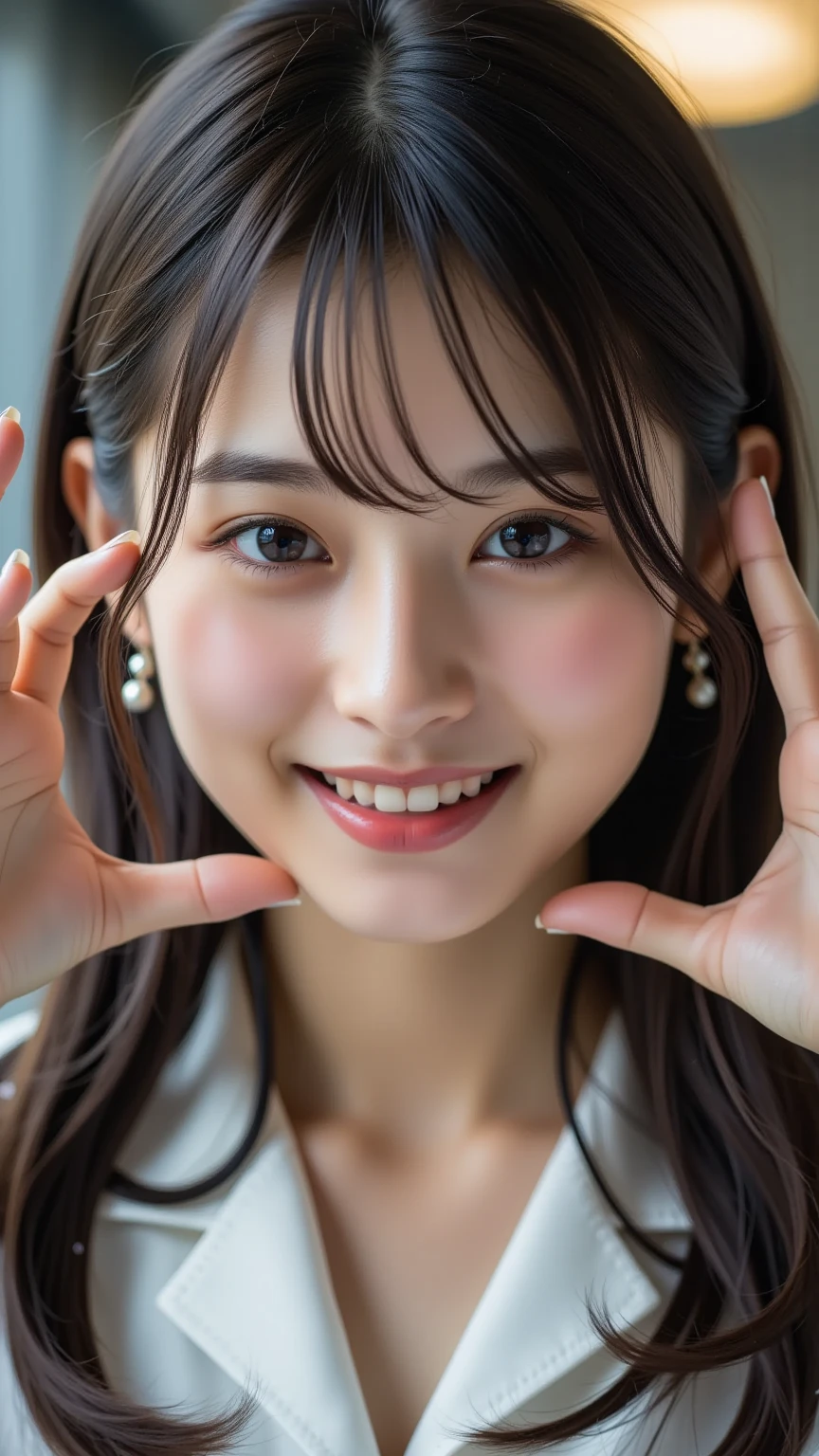 masterpiece, top-quality, 8K, absurderes, (The upper part of the body:1.4), beautiful a girl, Clean face, looking at the viewers, cute smile face, A hyper-realistic, hight resolution, a picture, film grains, chromatic abberation, foco nítido, nffsw, face lights, Dynamic lighting, 电影灯光, Professional Shadows, highestdetailed, ighly detailed, ultra-detailliert, finely detail, authentic skin, delicated facial features, detailed faces and eyes, Sharp pupils、Realistic pupils、(Korean、japanse、Chinese:0.3),A smile full of joy,huge smile