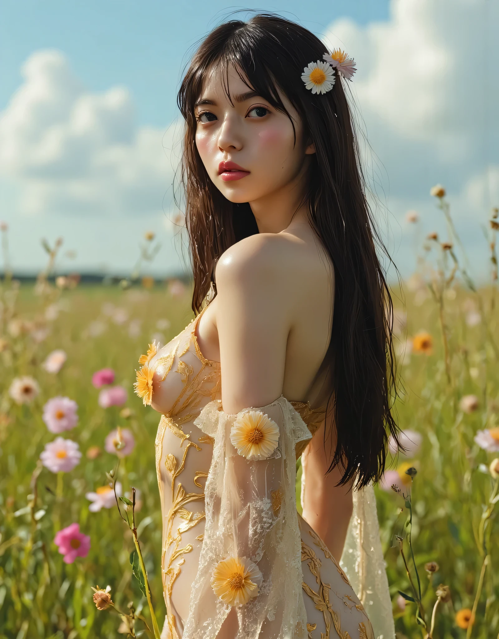 (((a vast prairie in the middle of the spring:2.0))),((Starry sky with constellations:2.0)),,(((Fantasy Atmosphere:2.0))),(((A flower sandwiched between the buttocks:2.0))),(((light yellow-green eyeshadow:2.0))),side view from the back,Side pose,((Looking back and looking at the camera:2.0)),((look back over my shoulder:2.0)),Rear View,(((full body:2.0))),one woman,(cute face:2.0),(Beautiful well-balanced face :2.0),((Long hair with bangs:2.0)),(Beautiful Eyes:1.3),20-year-old Japanese woman wearing bright red paint all over her head,Beautiful slender body,((model body type:2.0)),((slim body:1.7)),Perfect Body Line,Ideal Proportions,(big breasts:2.0),((スリーサイズ90-58-86:3.0)),((G Cup Breasts:2.0)), popup,Bare thighs,Sensual Thighs,delicate body,(succulent:1.5),((toned, beautiful butts:2.0)),((cute ass:2.0)), ((((bare ass :2.0)))),(((T-back:2.0))),natural posture,(Realistic breast depiction :1.5),carefully depicting limbs based on perfect anatomy,((Elf King Style Golden Super Hi-leg Leotard:2.0)),((lace super high-leg leotard with integrated lace body:2.0)),((lace cloak adorned with colorful flowers with an open front over a leotard:2.0)),(pastel colored cloak with fine embroidery:2.0),((((corolla:2.0)))),(pointed ears:1.3),((((light purple fishnet tights with a rough mesh:2.0)))),nipples made of flowers,CONCEPT ART,(Best Quality:1.5),(masterpiece:1.5),(超高resolution),resolution,UHD,(Delicate Description), carefully drawn with butterfly wings ,32k,((realistic skin texture that shows through the whole body:1.5)),(((super realistic:1.5))),carefully draw eyelashes,very detailed face,Highly detailed female hand,very sensual,(Blurry Dim Backgrounds :1.5),Professional Photography,(movie lights:2.0),((Lord of the Rings style lighting:2.0))