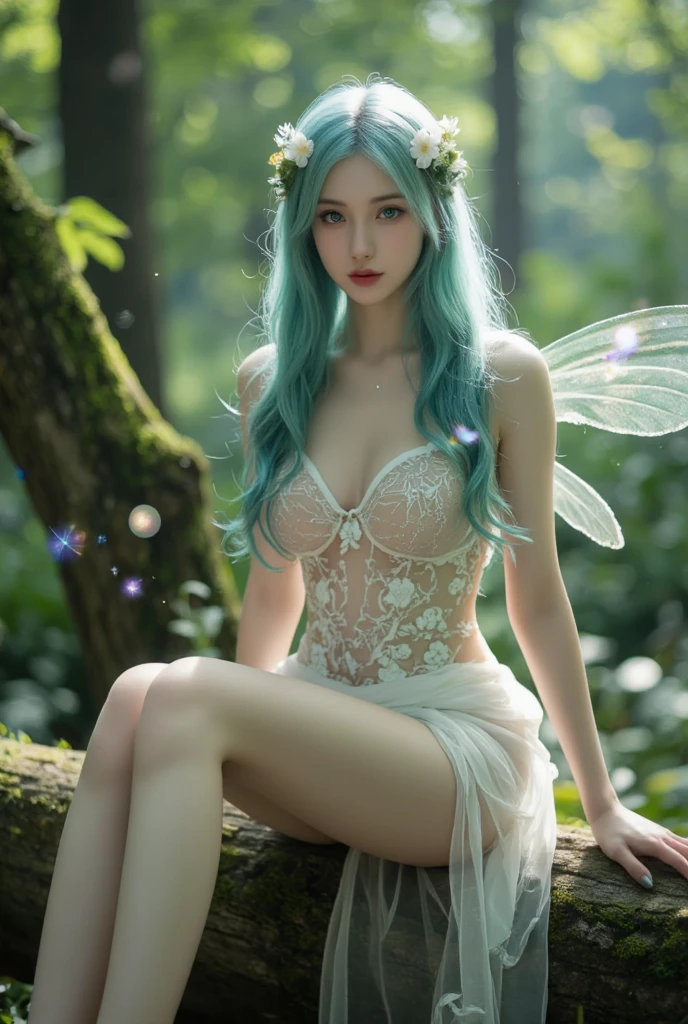 A fairy with a fairy spirit,Sheer tulle kaftan ,White fringed hair ornament,Long white hair,Big chest,big butt,orthofacial,A noble gesture,Faraway view,8k,lying in water