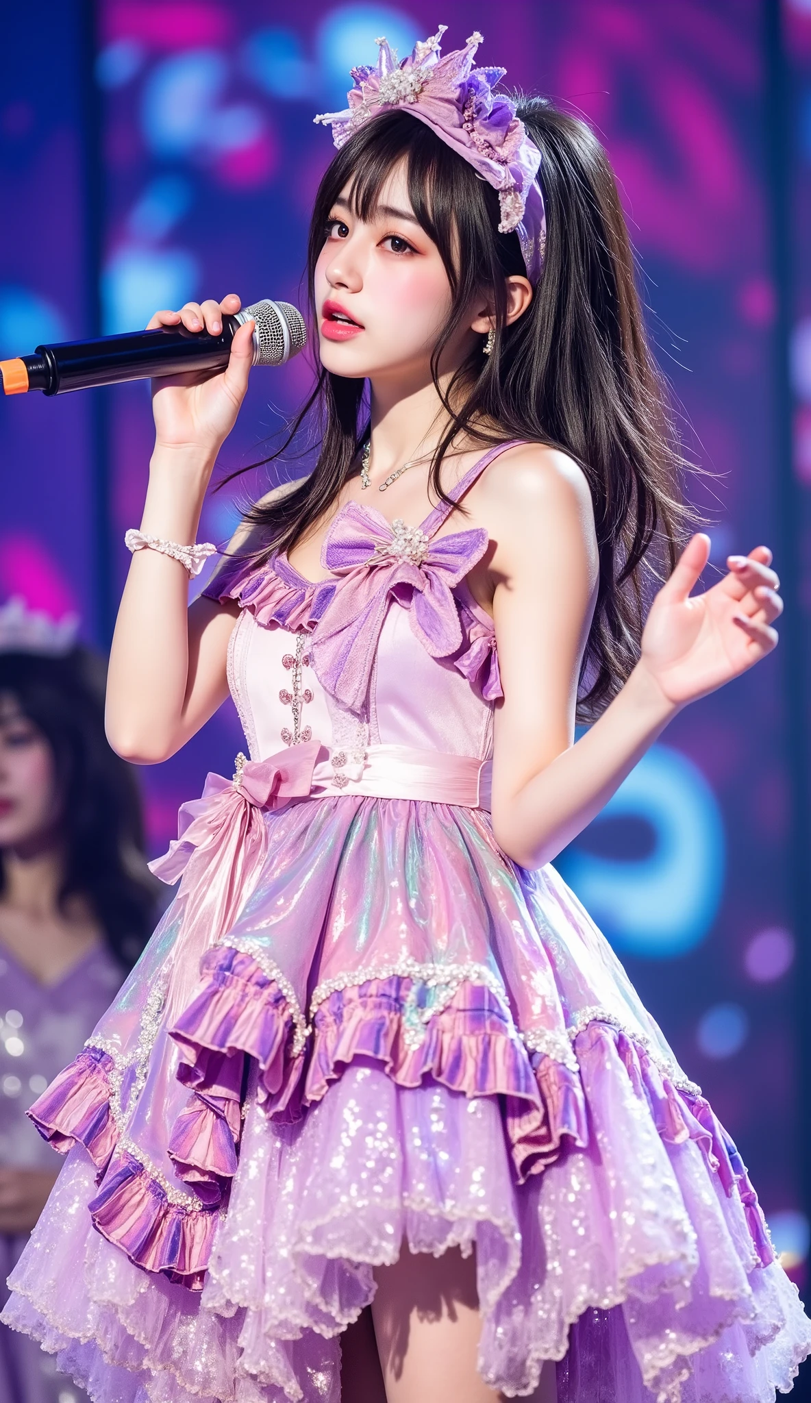 K-pop female idols who are very cute and beautiful, singing on a gondola live stage ,
break,
face up, Singing scene, Dress scene, View the audience, laughs,微笑む
break,
Idols drawn in bright colors , colorful idol dress, express the idol's singing voice in warm colors