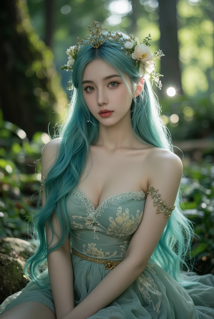 20 years old young girl with blue and white hair , long flowing blue hair, very long wavy azure blue hair, long blue hair, beautiful woman with blue hair, flowing blue hair, beautiful blue haired girl, pretty girl with blue hair, long azure blue hair, blue long hair, very long blue hair, girl with blue hair, blue hairstyle,, tall,height 180 cm, weight 45 kg, beautiful, athletic figure, medium round breasts , green eyes,(best quality, 4k, 8k, high definition), ultra detail, detailed face and facial features, beautiful detailed eyes, beautiful detailed lips, extremely detailed eyes and face, long eyelashes, graceful triangular face, classic lip shape, small graceful nose, super realistic
She is dressed in a sexy anime-style outfit. The outfit consists of a sparkling gold dress with emerald green lace detailing that creates an elegant pattern across the bodice. The dress features a high-cut skirt with a plunging neckline and a small gold bow at the waist. She pairs it with matching green thigh-high stockings and gold high-heeled sandals.
She poses confidently with one hand resting on her hip and the other holding a delicate lace parasol. The morning light enhances the luxurious details of her outfit, with the majestic mountains in the background creating a serene atmosphere.