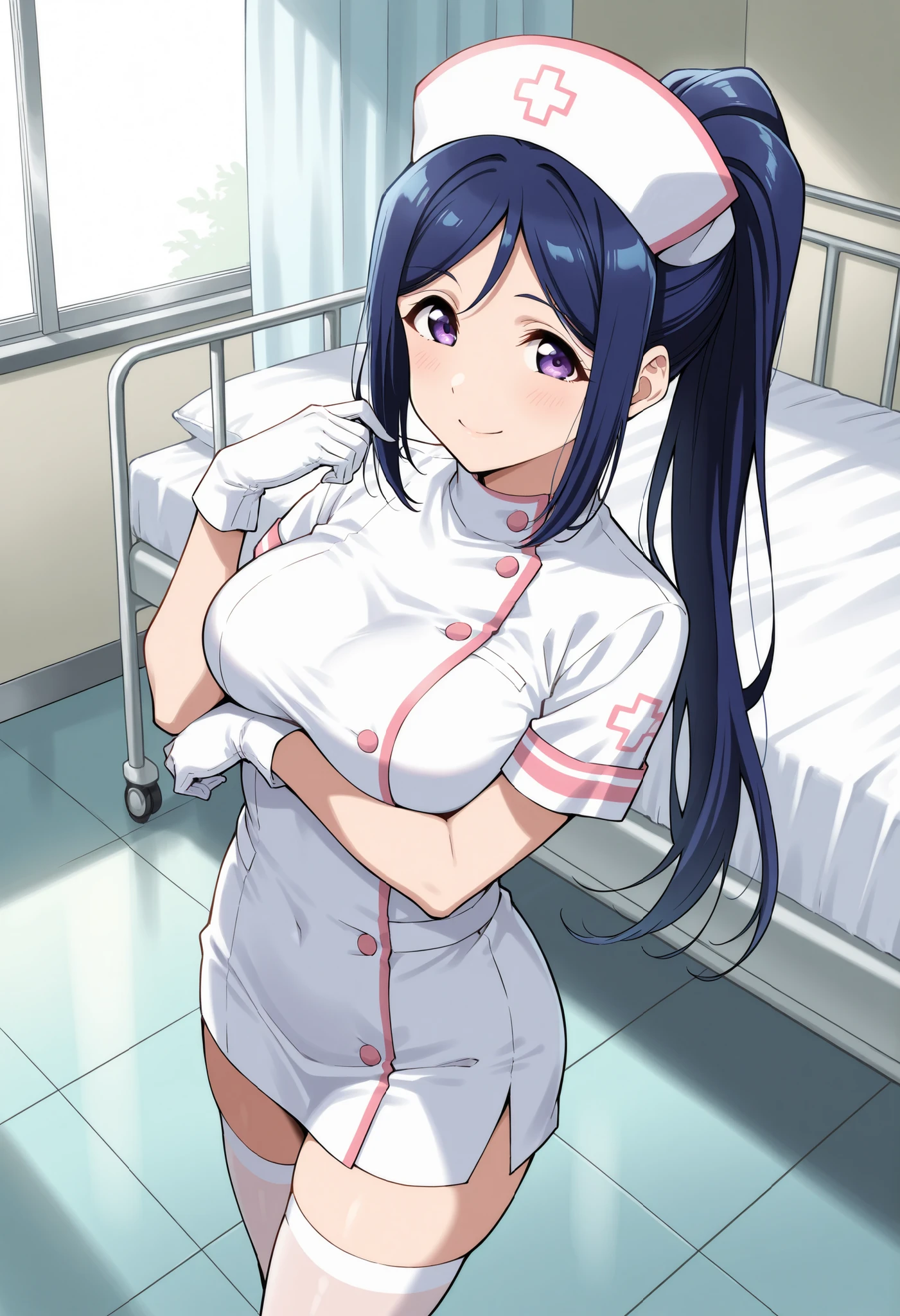 (lying on bed), (white nurse outfit : 1.3), white skirt, (white nurse hat), medicalroom, Nijou Aki, 27 yo, mature women, anime cels style, best quality, high resolution, (gigantic breasts:1.3), cowboy shot, blush, smiling, (purple eyes), blue hair