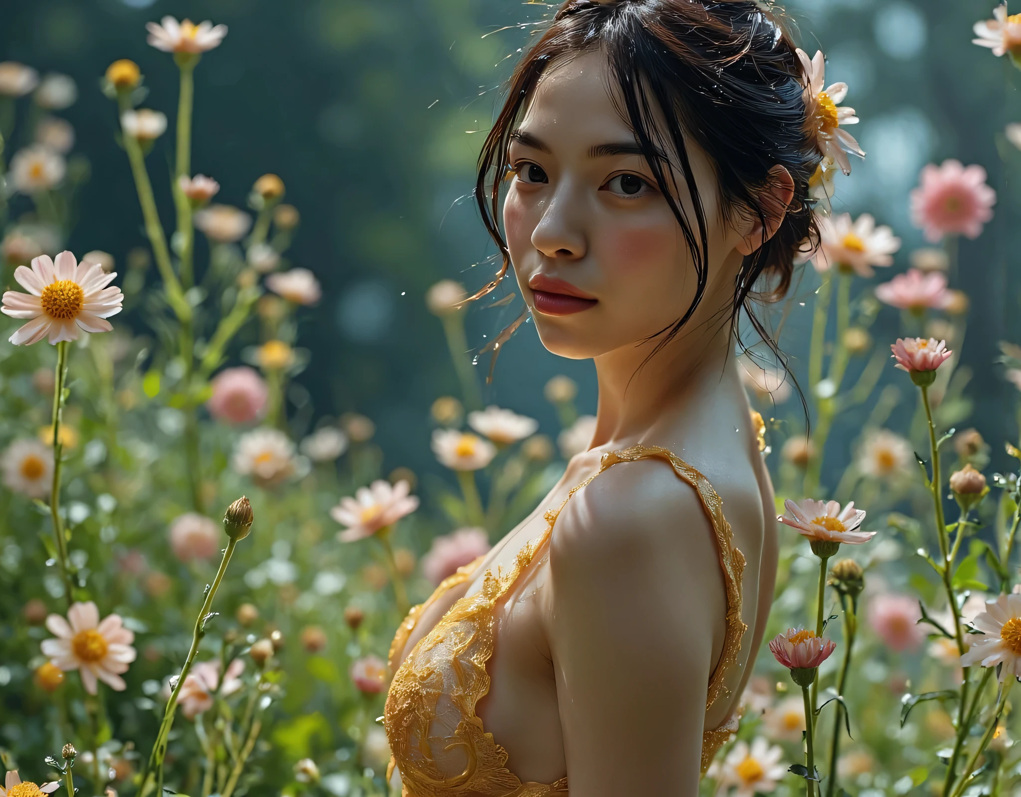 (((Midnight's vast prairie:2.0))),((Starry sky with constellations:2.0)),,(((Fantasy Atmosphere:2.0))),(((A flower sandwiched between the buttocks:2.0))),(((light yellow-green eyeshadow:2.0))),side view from the back,Side pose,((Looking back and looking at the camera:2.0)),((look back over my shoulder:2.0)),Rear View,(((full body:2.0))),one woman,(cute face:2.0),(Beautiful well-balanced face :2.0),((Long hair with bangs:2.0)),(Beautiful Eyes:1.3),20-year-old Japanese woman wearing bright red paint all over her head,Beautiful slender body,((model body type:2.0)),((slim body:1.7)),Perfect Body Line,Ideal Proportions,(big breasts:2.0),((スリーサイズ90-58-86:3.0)),((G Cup Breasts:2.0)), popup,Bare thighs,Sensual Thighs,delicate body,(succulent:1.5),((toned, beautiful butts:2.0)),((cute ass:2.0)), ((((bare ass :2.0)))),(((T-back:2.0))),natural posture,(Realistic breast depiction :1.5),carefully depicts limbs based on perfect anatomy,((super high leg leotard made with elven king style petals:2.0)),((gold super high leg leotard made of lace integrated with the body:2.0)),((lace cloak adorned with colorful flowers with an open front over a leotard:2.0)),(pastel colored cloak with fine embroidery:2.0),(((corolla:2.0))),(pointed ears:1.3),((((light purple fishnet tights with a rough mesh:2.0)))),nipples made of flowers,CONCEPT ART,(Best Quality:1.5),(masterpiece:1.5),(超高resolution),resolution,UHD,(Delicate Description), carefully drawn with butterfly wings ,32k,((realistic skin texture that shows through the whole body:1.5)),(((super realistic:1.5))),carefully draw eyelashes,very detailed face,Highly detailed female hand,very sensual,(Blurry Dim Backgrounds :1.5),Professional Photography,(movie lights:2.0),((Lord of the Rings style lighting:2.0))