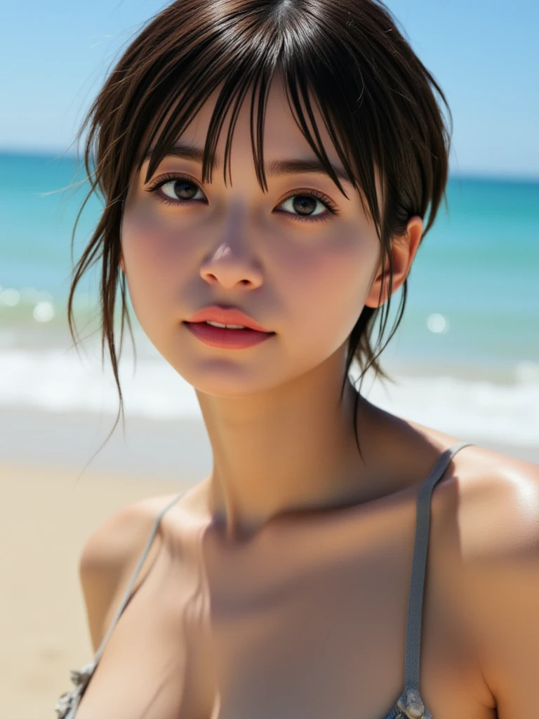 ((Highest quality, 8K, masterpiece, Super detailed, Ultra-high resolution, Realistic, RAW Photos, Absurd, The absolute solution:1.5)), Beautiful woman, One girl, Slim Abs :1.5, Dark brown hair, Bobcut, Large Breasts, (Browsing Caution:1.5, black pantyhose, No pants, No pants, pantyhose, Spread your legs, topless, roller:No Panties Hose:1), Highly detailed face, Highly detailed lips, Fine grain, double eyelid