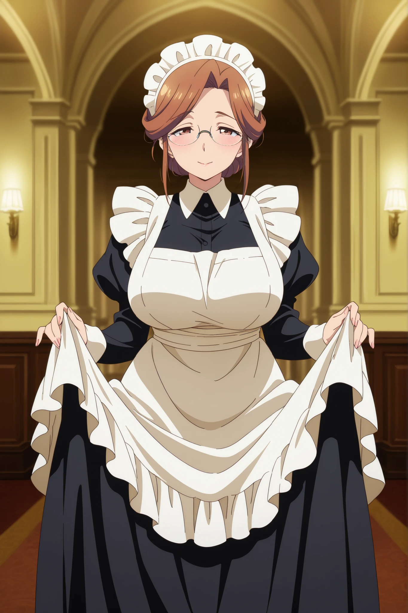 masterpiece,best quality,amazing quality,very aesthetic,newest,anime screencap,1girl,maid,mature female,glasses,expressive pose,natural lighting,elegant interior,ornate decor,warm color palette,8K resolution,studio lighting,extremely high detail,intricate textures,vibrant colors,depth of field