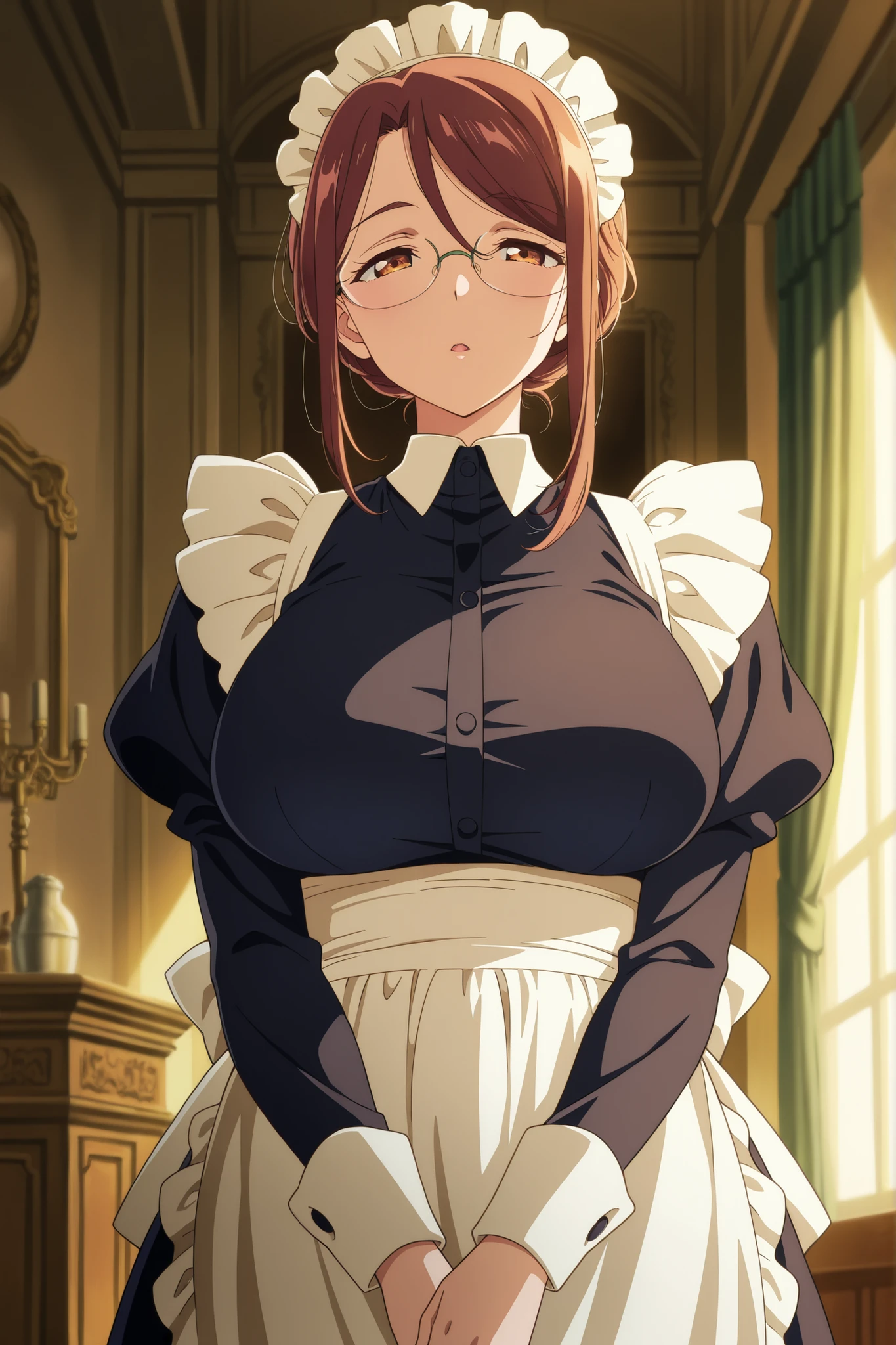 masterpiece,best quality,amazing quality,very aesthetic,newest,anime screencap,1girl,maid,mature female,glasses,expressive pose,natural lighting,elegant interior,ornate decor,warm color palette,8K resolution,studio lighting,extremely high detail,intricate textures,vibrant colors,depth of field