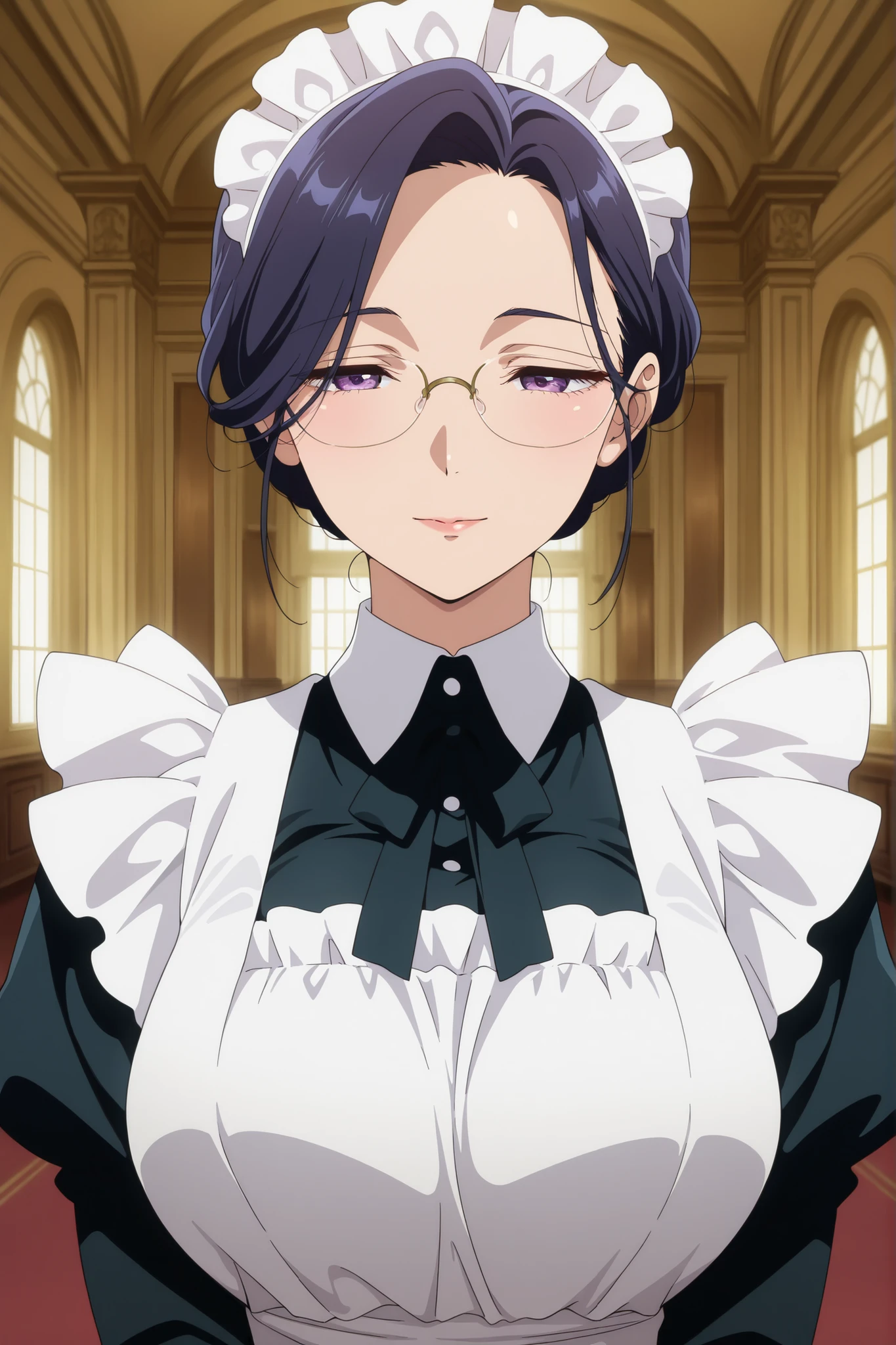 masterpiece,best quality,amazing quality,very aesthetic,newest,anime screencap,1girl,maid,mature female,glasses,intricate details,elegant pose,delicate facial features,serene expression,detailed maid uniform,shiny glasses,ornate room interior,natural lighting,cinematic,hyperrealistic,digital painting