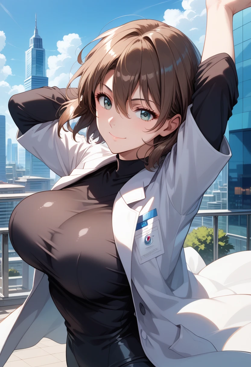 Highest quality、extremely detailed CG、One woman、27-year-old female、Huge breasts:1.3、sagging breast:1.3、White、white coat、white gown、Black inner shirt、Black inner shirtと白いコートを着てカメラに向かってポーズをとるアニメの女の子, (SFW) Safe at Work, breasts covered and SFW, (doctor), chic,Whiteを着て, Cel-shaded adult animation、Brown Hair、ponytail、Health Room、学校のHealth Room