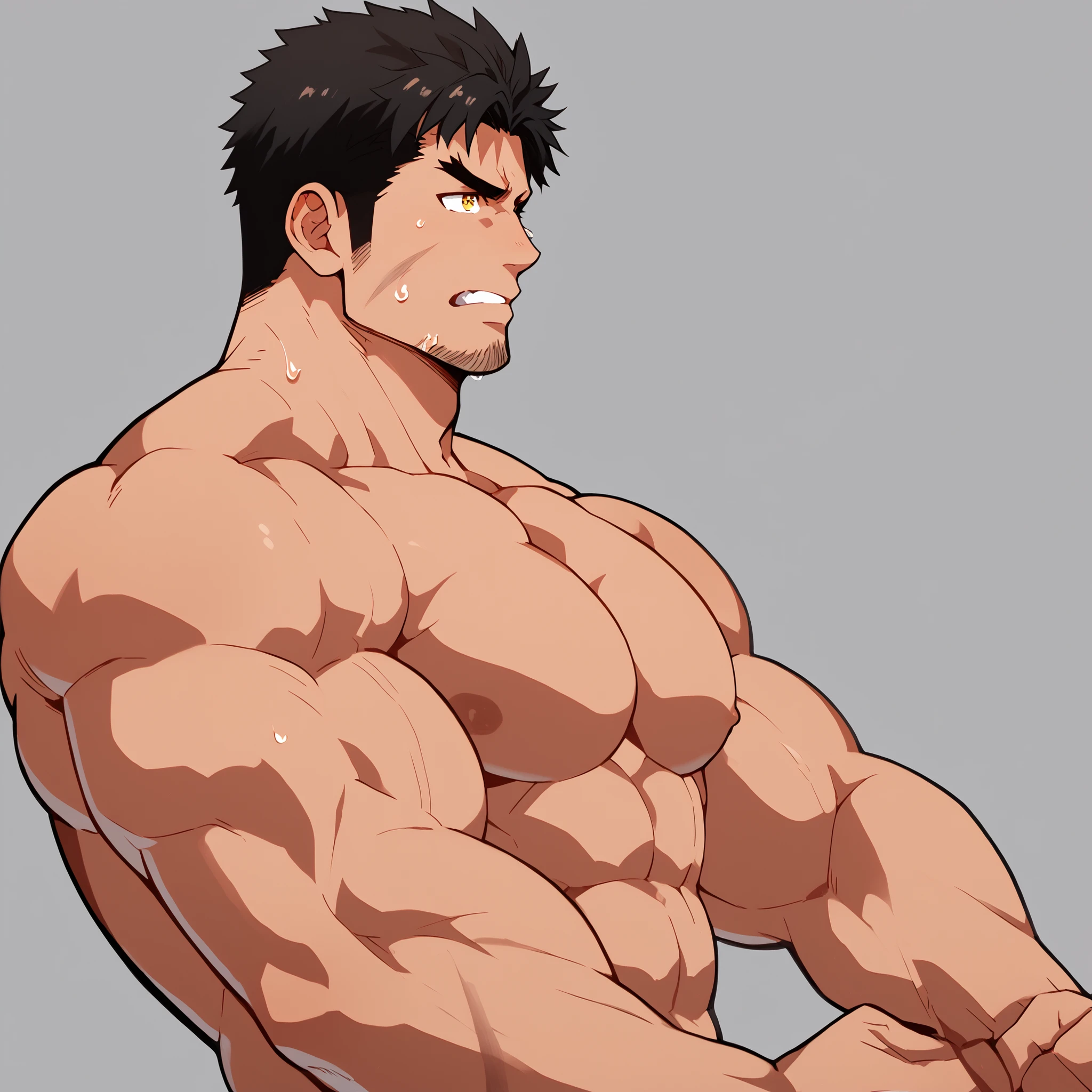 character focus, full body, looking away, dynamic angle, exercise, musclegut middle-aged american, perfect anatomy, male , fullbody, tanned skin , maleらしさ, male性重視, Muscle Development male, Muscle Development , maleが一人,Dandy , Alone , black short hair, Messy Hair , Thick eyebrows, Stubble, brown eyes , simple background , amazing quality , Masterpiece , Best Aesthetics, Smart Student , cut in inches , Separate lips , Face in agony with severe pain , dirty face , top quality , Muscle Development characters , upper body , Karate , abs, score_9,score_7_up,score_6_up,score_5_up,score_4_up,zabaniyya \(housamo\), muscular, 1boy, male focus, bara, thick thighs, muscular male, stubble, solo, facial hair, thighs, nude, pectorals, black hair, yellow eyes, frown, large pectorals, mature male, thick eyebrows, transparent background, bulge, thick arms, tight, manly, muscular wrestlers, no clothes, no pants, side view, nude, fullbody